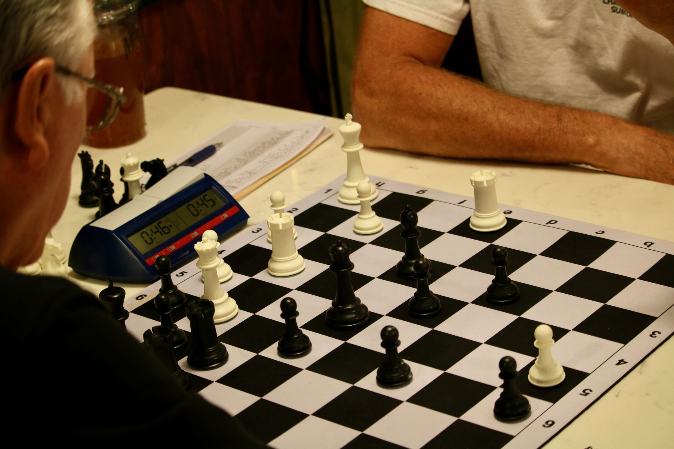 A close view of a tactical chess position.